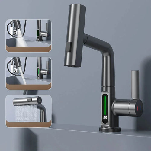 Smart Faucet with Temperature Display and Pull-Out Sprayer