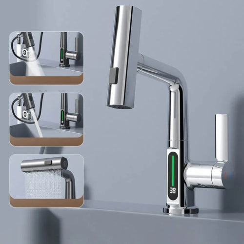 Smart Faucet with Temperature Display and Pull-Out Sprayer